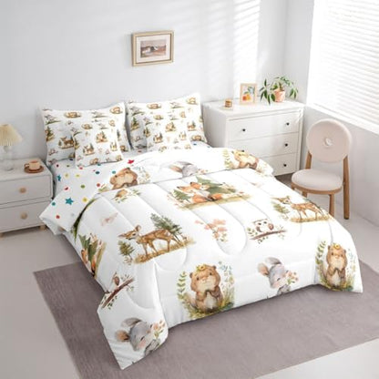 Erosebridal Woodland Animals 7 Piece Comforter Set Twin Kawaii Deer Squirrel Bed in A Bag Cartoon Animals Wildlife Bedding Sets for Kids Girls Child Rabbit Flowers Sheet Set with Comforter