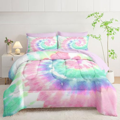7Pcs Comforter Set Blue Pink Green Spiral Printed Bedding Set with 1 Comforter, 1 Flat Sheet, 1 Fitted Sheet and 4 Pillowcases for Boys and Girls Bedroom All Season(Spiral Twin)