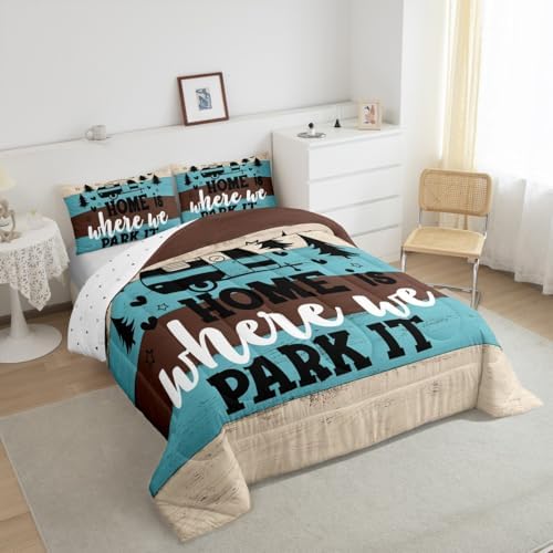 Manfei Rustic Adventure Camper Kids Comforter Set Full Size,Pine Tree Wooden Cabin Farmhouse Bedding Set,Girls Boys Room Decor,Lake House RV Quilt Comforter,Brown Retro Duvet Insert,2 Pillowcases