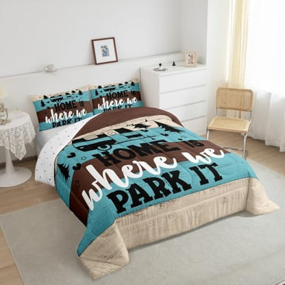 Manfei Rustic Adventure Camper Kids Comforter Set Full Size,Pine Tree Wooden Cabin Farmhouse Bedding Set,Girls Boys Room Decor,Lake House RV Quilt Comforter,Brown Retro Duvet Insert,2 Pillowcases