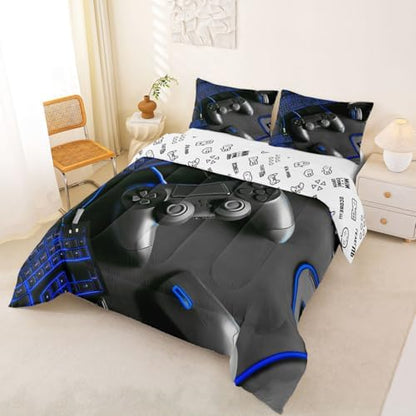 Feelyou Gamer Bedding Set Soft for Boys Girls, Gaming Comforter Set King Size Game Room Decor Duvet Quilt Microfiber Gamepad Bedroom Decor Blue 3 Pcs with 2 Pillow Cases