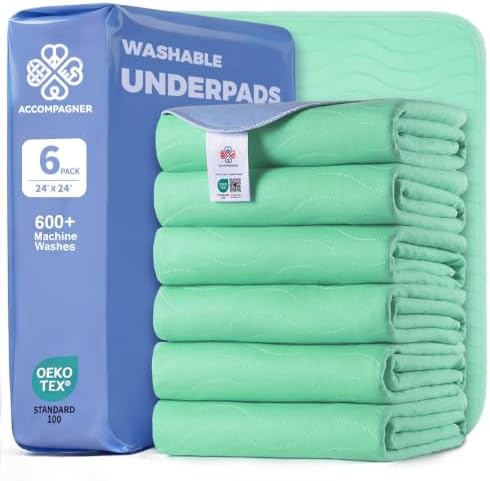 Accompagner Incontinence Bed Pads Washable Waterproof, Ultra-Absorbent Reusable Underpads for Diaper Changing, Nursing, Bedridden, Adults, Seniors, Kids and Dogs (Green, 24"x24"(Pack of 6))