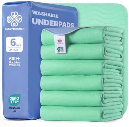 Accompagner Incontinence Bed Pads Washable Waterproof, Ultra-Absorbent Reusable Underpads for Diaper Changing, Nursing, Bedridden, Adults, Seniors, Kids and Dogs (Green, 24"x24"(Pack of 6))