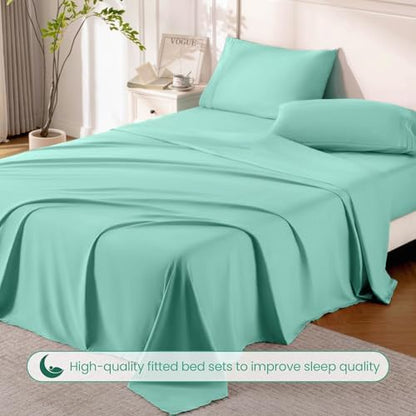 ROSE&RISY Light Green Queen Sheet Set, 4 Pieces Soft Bedding Sheet Set, Breathable and Cooling,Includes 1 Fitted, 1 Flat, 2 Pillow Cases - Deep Pocket (Light Green, Queen)