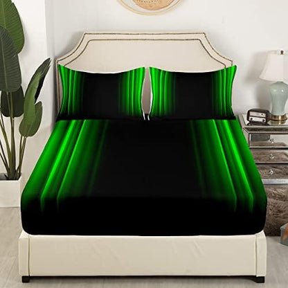 Feelyou Geometric Abstract Ombre Sheet Set Men Adults Teens Green and Black Striped Bed Sheets Kids Boys Girls Simple Modern Bed Set Bedroom Collection 4Pcs Queen Size