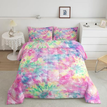 Erosebridal Kids Tie Dye Comforter Set, Bohemian Batik Down Comforter Queen Size, Boho Psychedelic Bedding for Children Girls Boys Teens Bedroom, Trippy Tattoo Watercolor Quilted Duvet