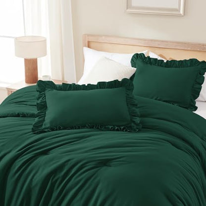 Andency Dark Green Ruffle Comforter Twin Size, 2 Pieces Soft Bed Set