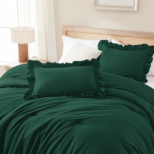 Andency Dark Green Ruffle Comforter Oversized Queen, 3 Pcs Solid Bed