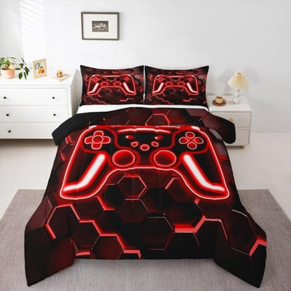 Erosebridal Gaming Comforter Set Neon Honeycomb Gamer Girl Toddler Bedding Set, Video Game Consoles Comforter Red Hexagon Lights Quilt,Kids Bedroom Decor