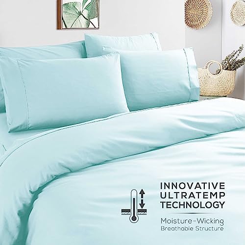 Mueller Ultratemp Bed Sheets Set, Super Soft, 6 Piece California King Sheet Sets, Deep Pocket up to 16", Transfers Heat, Breathes Better, Hypoallergenic, Wrinkle-Resistant, Oeko-TEX, Aqua