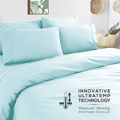 Mueller Ultratemp Bed Sheets Set, Super Soft, 6 Piece California King Sheet Sets, Deep Pocket up to 16", Transfers Heat, Breathes Better, Hypoallergenic, Wrinkle-Resistant, Oeko-TEX, Aqua