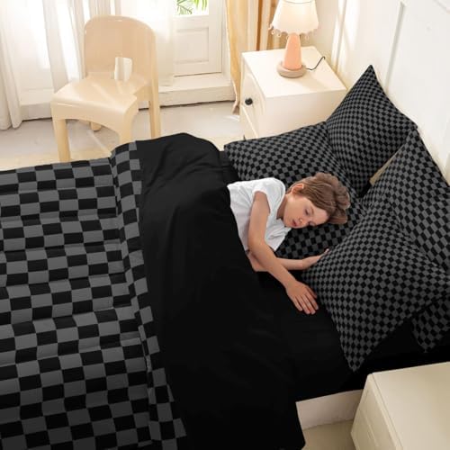 jejeloiu Black Grey Plaid Comforter Set with Sheets 7 Piece Queen Size