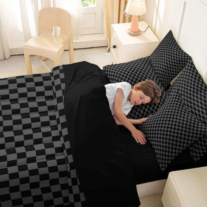 jejeloiu Black Grey Plaid Comforter Set with Sheets 7 Piece Queen Size