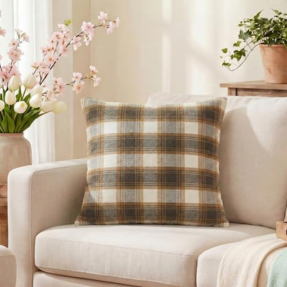 AVOIN colorlife Spring Summer Brown White Plaid Decorative Throw Pillow Covers, 18 x 18 Inch Holiday Scottish Tartan Cushion Case Farmhouse Decoration for Sofa Couch Set of 2