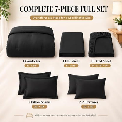CozyLux Full Size Comforter Set Black, 7 Pieces Bed in a Bag