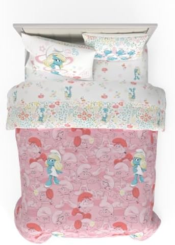 The Smurfs Smurfette Full Bedding Set – 7 Piece Kids Super Soft Microfiber Reversible Comforter & Sheet Set - Pink, (Officially Licensed Product) by Franco