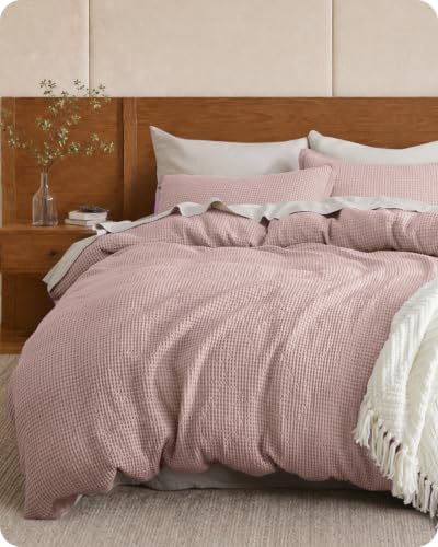 Bedsure PureWoven 3 Pieces 100% Cotton Waffle Duvet Cover Set, King, Pink
