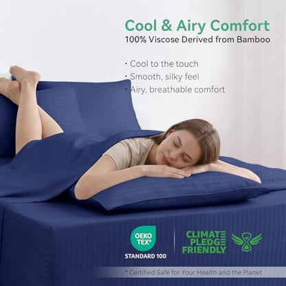 Cooling Sheets Set Cal King Size, Viscose Derived from Bamboo for Hot Sleepers, Double Stitching, Deep Pocket to 16 Inch, Silky Soft and Breathable Bedding, 4PC (Cal King, Jacquard Navy)