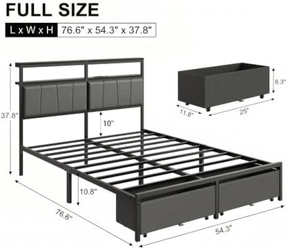 Full Bed Frame with Storage Drawers and Charging Station, Grey