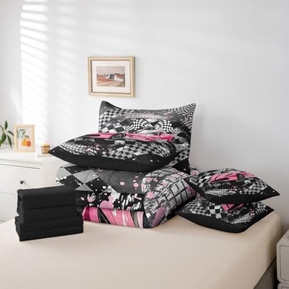 Girls Boys Racing 7 Pcs Comforter Set Queen Size Bed in a Bag,Kids Race Car Bed Set Room Decor,Extreme Sports Bedding Sets with Comforter,Flat,Fitted Sheet,Pillowcases,Pillow Covers