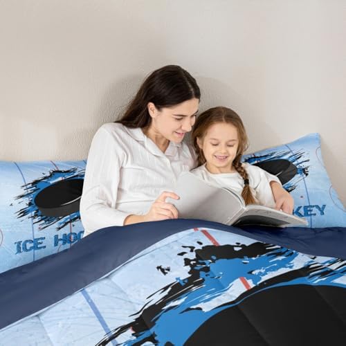 Ice Hockey Bedding Set King Size, Stadium Comforter Set 3pcs for Kids Boys Men Room Decor, Winter Sports Event Quilt Set Blue Black Graffiti Duvet Insert, 2 Pillowcases