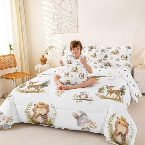 Erosebridal Woodland Animals 7 Piece Comforter Set Twin Kawaii Deer Squirrel Bed in A Bag Cartoon Animals Wildlife Bedding Sets for Kids Girls Child Rabbit Flowers Sheet Set with Comforter