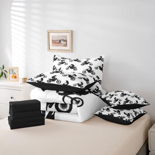 Feelyou Dirt Bike Full Comforter Set with Sheets for Boys Girls Motocross Rider 7 Pieces Bedding Set Sporty Silhouette Design Bed in a Bag Outdoor Sports Room Decor Motorcycle Art Soft Lightweight