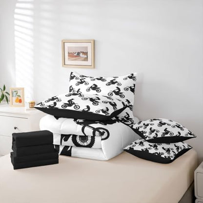 Feelyou Dirt Bike Queen Comforter Set with Sheets for Boys Girls Motocross Rider 7 Pieces Bedding Set Sporty Silhouette Design Bed in a Bag Outdoor Sports Room Decor Motorcycle Art Soft Lightweight