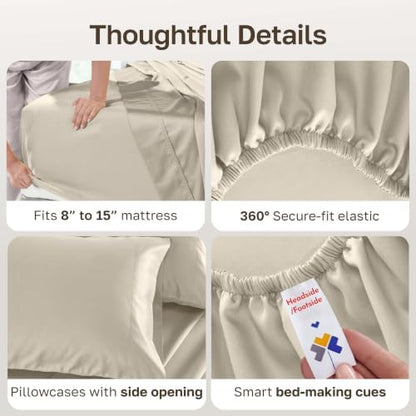 California Design Den 100% Cotton Sateen Split King Sheet Set, 5 Pcs, Beige