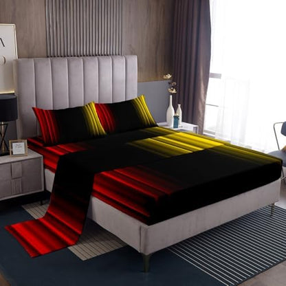 Feelyou Teens Abstract Ombre Decorations Bedding Set for Kids Women Red Yellow and Black Bed Sheets Set Geometric Modern Fitted Sheet Sets Room 4Pcs Queen Size