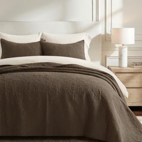 EVERGRACEHOME 100% Cotton Paisley Quilt Set, Queen Size, Cocoa Brown
