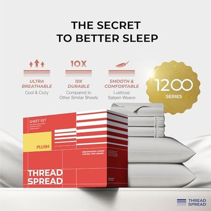 THREAD SPREAD 100% Egyptian Cotton Sheets Queen Size - 1200 Series Plush Collection Damask Sheet Set Egyptian Cotton (4 PC, Silver Grey Stripe), Sateen Luxury Sheet Queen Size, 17" Deep Pocket