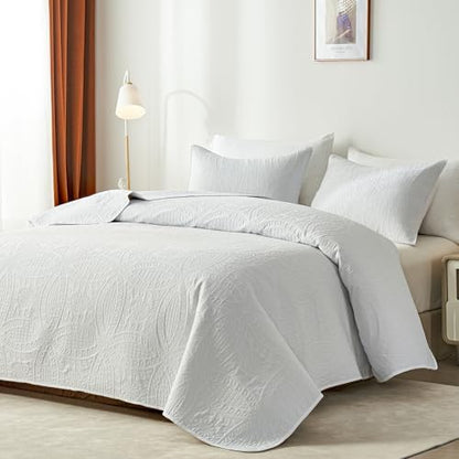 akkialla Queen Quilt Bedding Set,White Ultrasonic Full/Queen Quilt Set,Lightweight Soft Bedspread Coverlet,Modern Style Coin Pattern Bed Cover for All Seasons,3 Piece(1 Quilt,2 Pillow Shams)