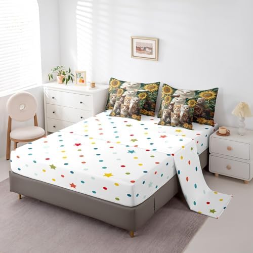Feelyou Cute Cat Comforter Set 7 Pieces Twin Size Sunflower Bedding Set for Boys Girls Kawaii Pet Kitten Bed in a Bag with Comforter, Sheets, Pillowcases & Cushion Covers