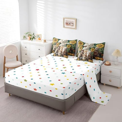 Feelyou Cute Cat Comforter Set 7 Pieces Twin Size Sunflower Bedding Set for Boys Girls Kawaii Pet Kitten Bed in a Bag with Comforter, Sheets, Pillowcases & Cushion Covers