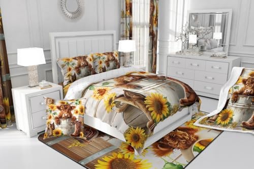 jejeloiu Funny Highland Cow Comforter Set Queen Size Kids Highland Cattle Sunflower Bedding Set Boys Girls Farmhouse Rustic Duvet Breathable Western Quilt Bedroom Decor,1 Comforter with 2 Pillowcase