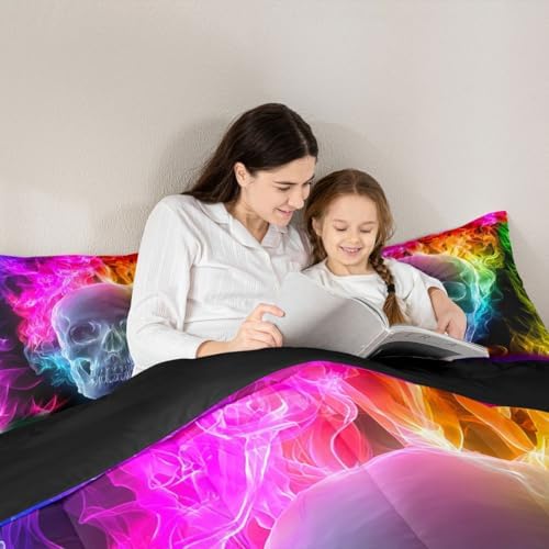 Erosebridal Skull Comforter Set, Skeleton Bones Bedding Set Twin Size Halloween Horror Gold Flame Duvet Sets for Kids Teens Adult Bedroom Decor, Gothic Spooky Bedding Comforters, Warmth Soft