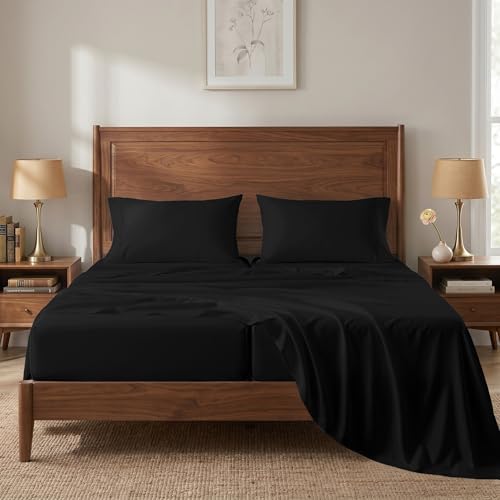 450TC 100% Cotton Split King Sheets - Silky Smooth Sateen Weave, Black