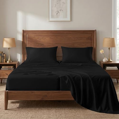 450TC 100% Cotton Split King Sheets - Silky Smooth Sateen Weave, Black