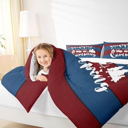 Rustic Camping Travel Comforter Set Twin Size,Camper RV Trailer Decor Bedding Set 2pcs for Kids Boys Girls Adults,Old Wooden Plank Farmhouse Down Comforter,Red Blue Retro Duvet Insert,1 Pillowcase