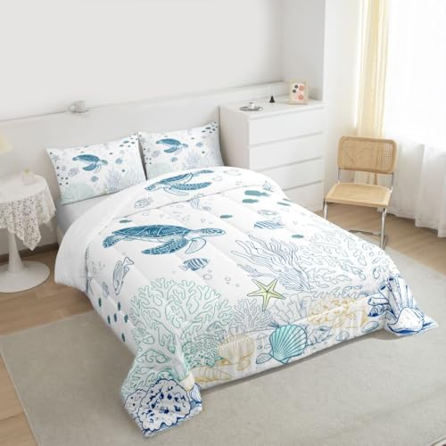Castle Fairy Sea Turtle Comforter Set Full Size Ocean Coral Shell Starfish Bedding Set 3pcs,Sealife for Kids Boys Girls Room Decor,Blue Sketch Line Piece All Season with 2 Pillowcases
