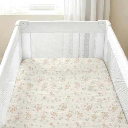 Organic Pack and Play Sheets Fitted 38”x26” 100% Muslin Cotton, Mini Crib Sheets Compatible with Graco/hiccapop/YENING/Dream On Me/Babylicious Pack N Play Mattress, Playard Bedding Sheet Bed Cover