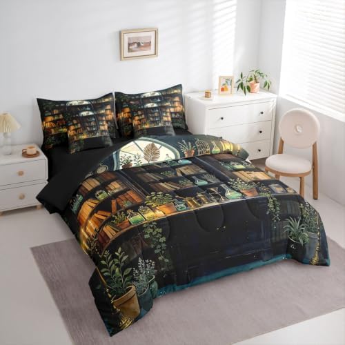 Erosebridal Gothic Witchy 7 Piece Bedding Set Full Dark Academia Bookshelf Comforter Set with Sheets Vintage Witchy Bookshelf Bed in a Bag Gothic Book Lover Bed Sets Comforter