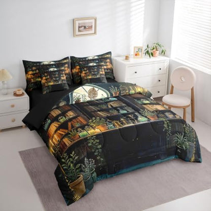 Erosebridal Gothic Witchy 7 Piece Bedding Set Full Dark Academia Bookshelf Comforter Set with Sheets Vintage Witchy Bookshelf Bed in a Bag Gothic Book Lover Bed Sets Comforter