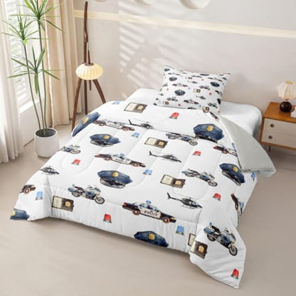 Feelyou Police Car Comforter Set Twin Size Policeman Vehicle Bedding Set for Kids Boys Girls Aircraft Cartoon Car Duvet Quilt Bedroom Decor Microfiber 2 Pcs with 1 Pillow Case