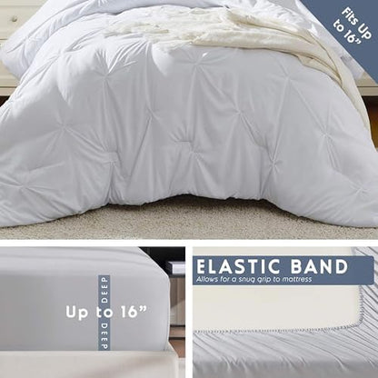 Nestl 7 Piece Twin XL Comforter Set – White Pinch Pleated Bed in a Bag – Complete Twin XL Size Bedding Set with Sheets, Set of 2 Cooling Pillows, Pillowcase and Sham