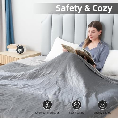 Eydna Electric Heated Blanket Queen Size 84"x90", Soft Plush Microplush for Bed, Dual Controllers & Dual Heating Zones, 1-10 Hours Auto Off & 9 Heating Levels, Machine Washable, Gifts for Womens-Gray