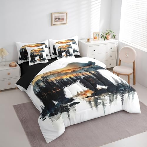 Feelyou Bear Comforter Set 7 Pieces Twin Size Rustic Cabin Country Bedding Set for Boys Girls Nature Wildlife Bed in a Bag with Comforter, Sheets, Pillowcases & Cushion Covers