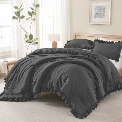 Andency Dark Gray King Size Comforter Set, 3 Pieces Solid Farmhouse Bedding