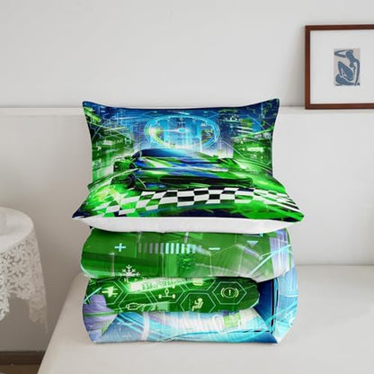 Feelyou Boys Green Race Car Queen Size Bedding Set Kids Racing Car Decor Comforter Extreme Sports Car Comforter Set for Teens Honeycomb Grid Car Comforter Quilt Set Car Room Decorations